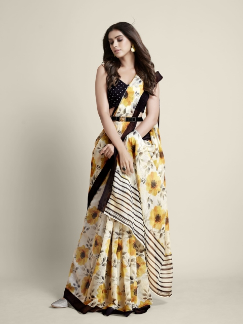 

all about you Cream-Coloured & Yellow Floral Printed Saree