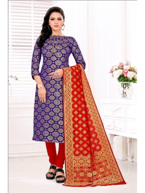 

MORLY Blue & Red Dupion Silk Unstitched Dress Material