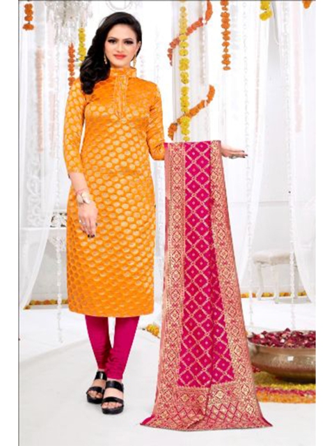 

MORLY Yellow & Pink Dupion Silk Unstitched Dress Material
