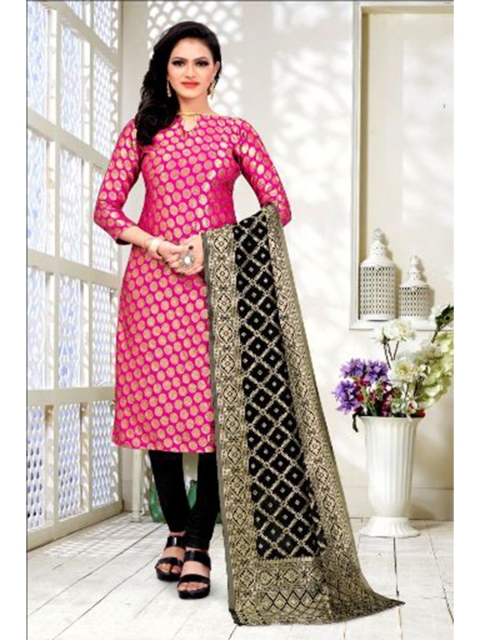 

MORLY Pink & Black Dupion Silk Unstitched Dress Material