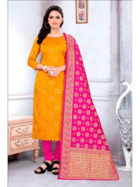 

MORLY Yellow & Pink Dupion Silk Unstitched Dress Material