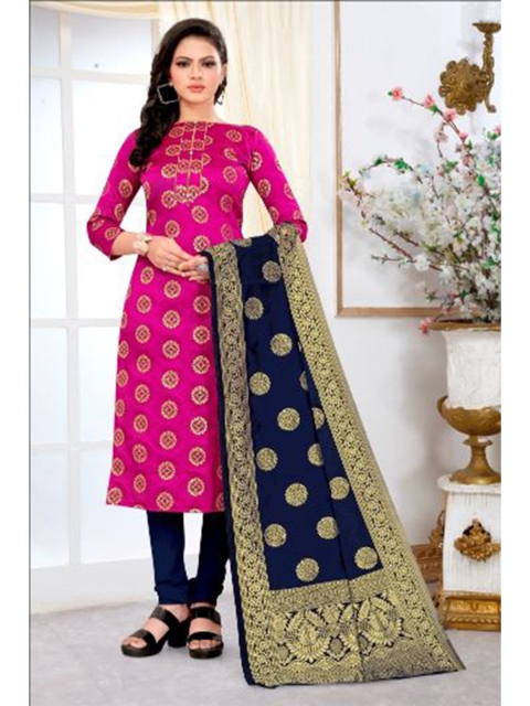 

MORLY Pink & Navy Blue Dupion Silk Unstitched Dress Material