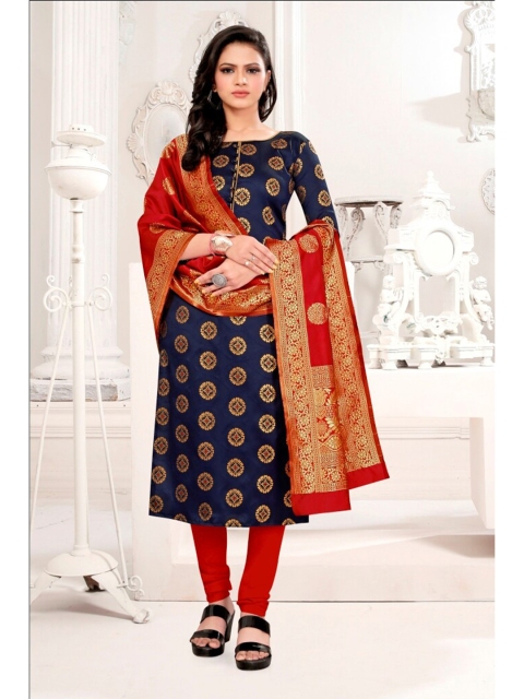 

MORLY Blue & Red Dupion Silk Unstitched Dress Material