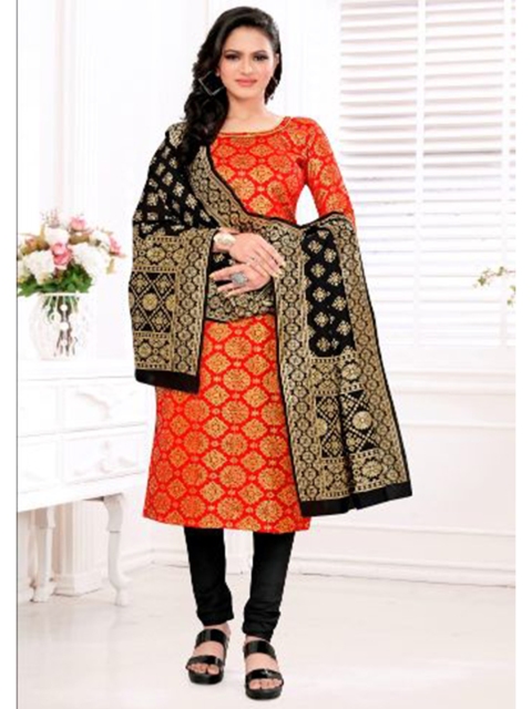 

MORLY Red & Black Dupion Silk Unstitched Dress Material