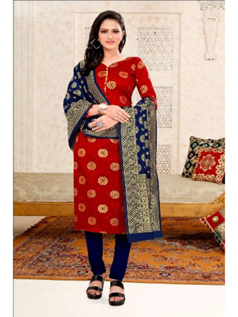 

MORLY Red & Blue Dupion Silk Unstitched Dress Material