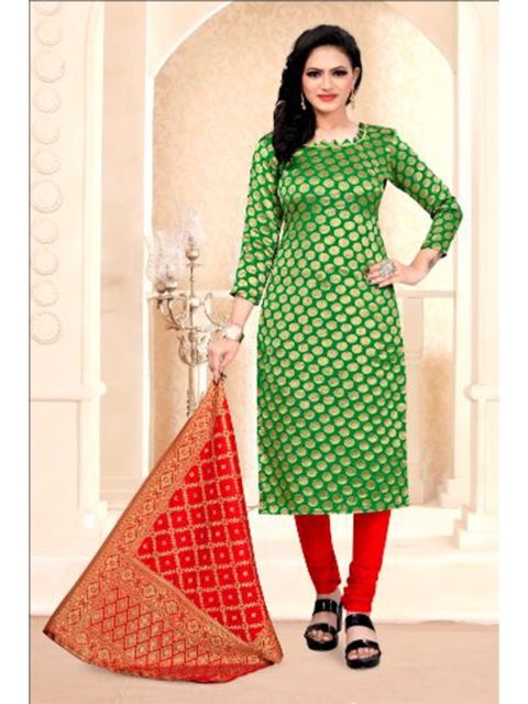 

MORLY Green & Red Dupion Silk Unstitched Dress Material