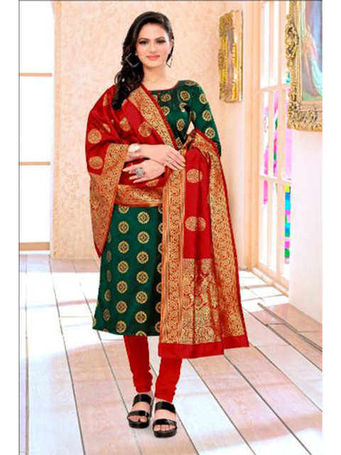 

MORLY Green & Red Dupion Silk Unstitched Dress Material