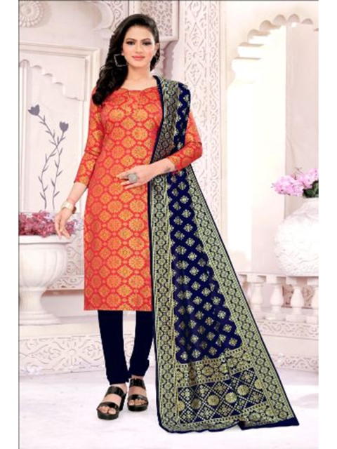 

MORLY Red & Navy Blue Dupion Silk Unstitched Dress Material