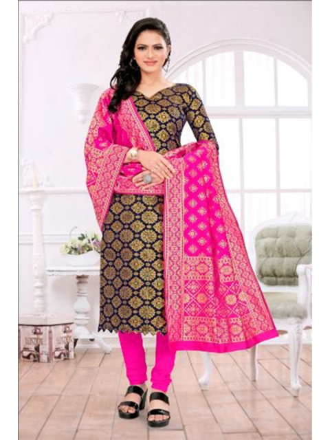 

MORLY Navy Blue & Pink Dupion Silk Unstitched Dress Material