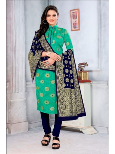 

MORLY Sea Green & Blue Dupion Silk Unstitched Dress Material