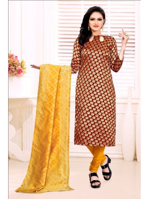 

MORLY Maroon & Mustard Dupion Silk Unstitched Dress Material