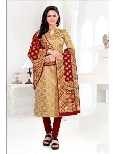 

MORLY Beige & Maroon Dupion Silk Unstitched Dress Material