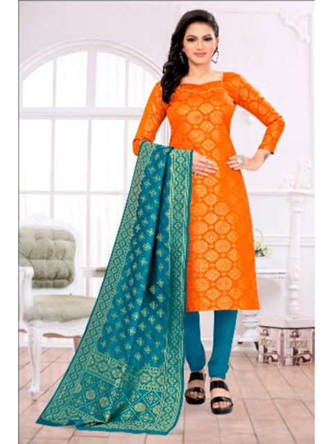 

MORLY Orange & Blue Dupion Silk Unstitched Dress Material