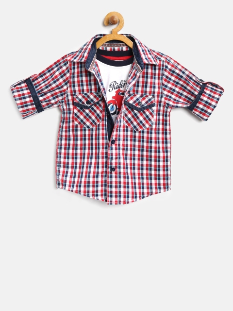 

612 league Boys Red & White Cotton Checked Shirt with Printed T-shirt