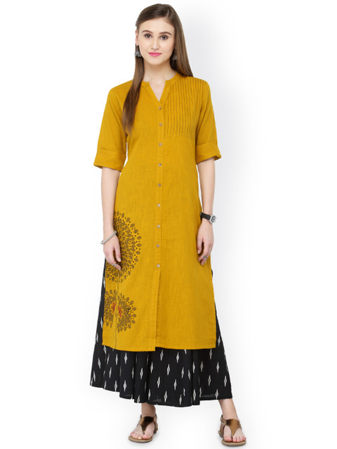 

Varanga Women Mustard Yellow & Black Embroidered Solid Kurta with Palazzos