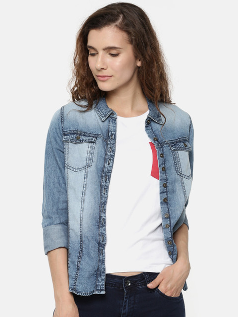 

Ginger by Lifestyle Women Faded Blue Regular Fit Denim Shirt