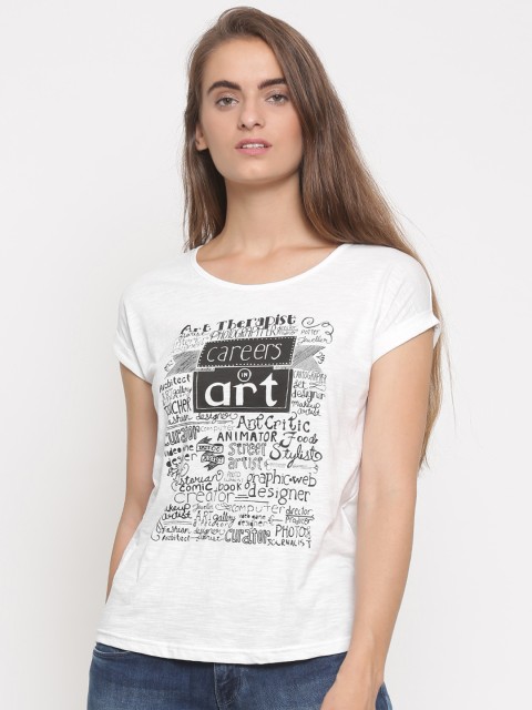 

Ginger by Lifestyle Women White Printed Round Neck T-shirt