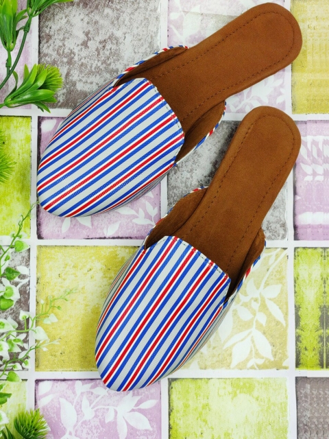 

Sayera Women Blue & Red Striped Synthetic Mules Flats