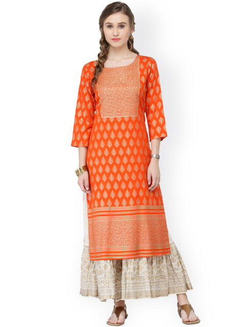 

Varanga Women Orange & Off-White Foil Print Kurta with Skirt