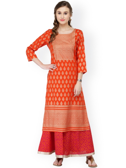 

Varanga Women Orange & Red Foil Print Straight Kurta with Palazzos