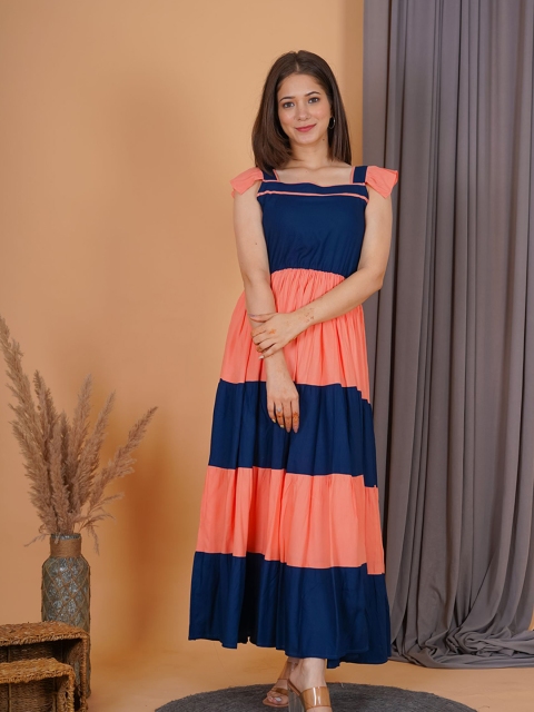 

PURSHOTTAM WALA Cream-Coloured Colourblocked Maxi Maxi Dress