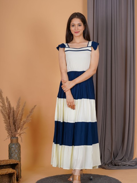 

PURSHOTTAM WALA Cream-Coloured Colourblocked Maxi Maxi Dress