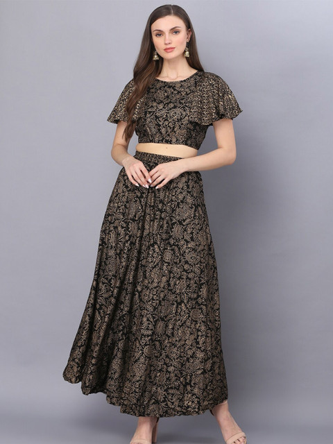 

God Bless Women Black & Gold-Toned Floral Printed Top With Skirt