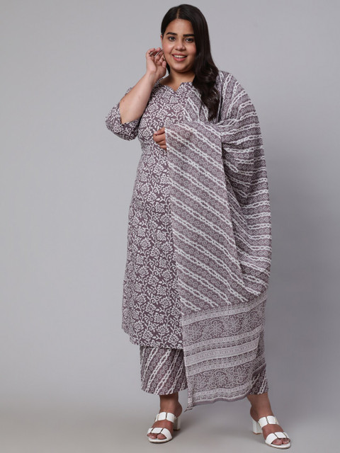 

Nayo Women Grey Floral Printed Pure Cotton Kurta with Palazzos & With Dupatta