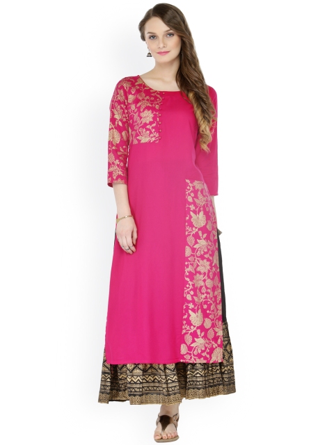 

Varanga Women Pink & Black Printed Kurta with Skirt