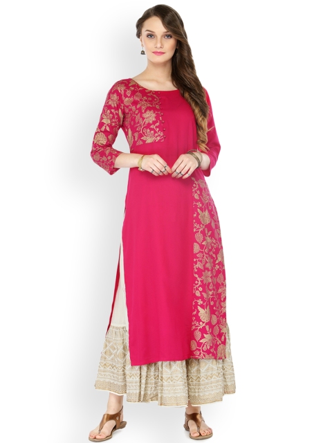 

Varanga Women Pink & Off-White Printed Kurta with Skirt