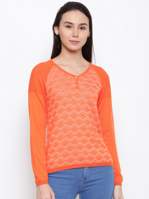 

Madame Women Orange Self Design Top