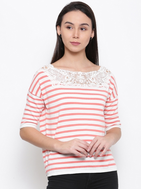 

Madame Women Peach-Coloured & White Striped Pure Cotton Top