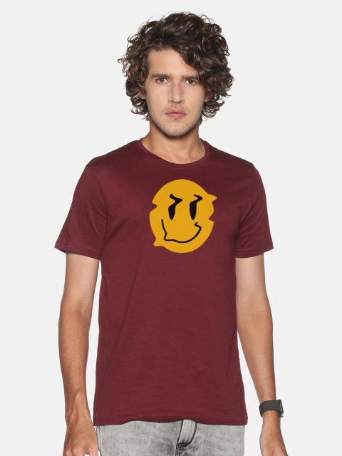

Roadster Men Maroon & Yellow Printed Slim Fit Pure Cotton T-shirt