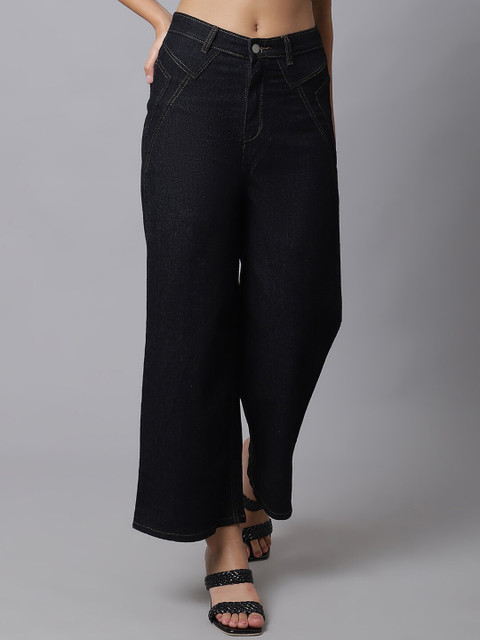 

River Of Design Jeans Women Black Wide Leg High-Rise Low Distress Stretchable Jeans