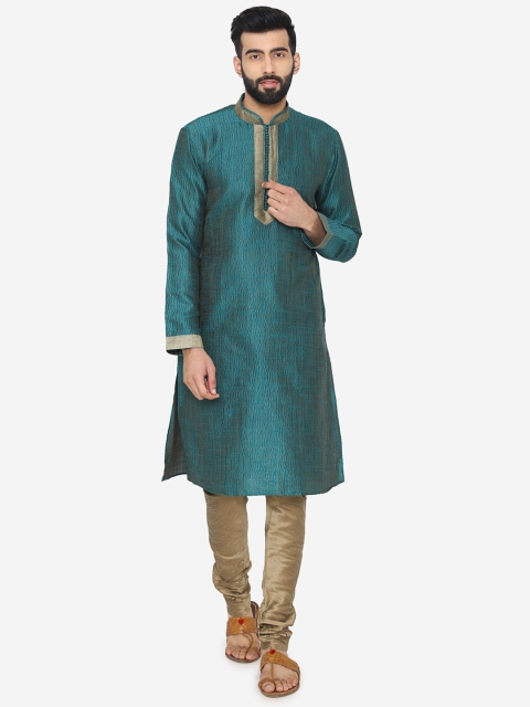 

Manyavar Men Teal Blue & Brown Solid Kurta with Churidar