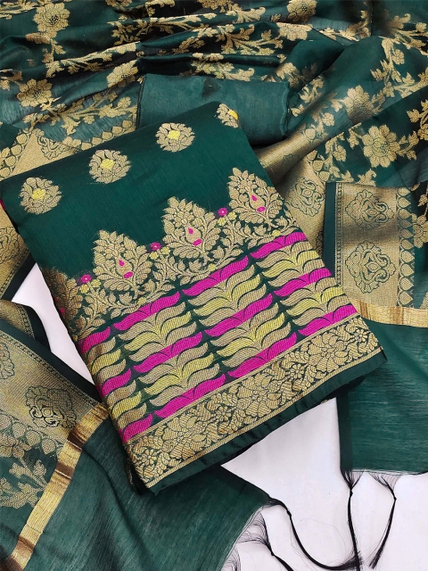 

KALINI Green & Pink Silk Unstitched Dress Material