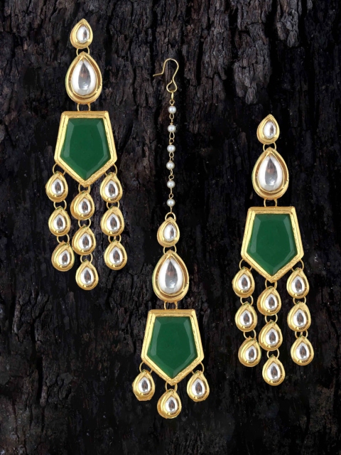 

LUCKY JEWELLERY 18k Gold-Plated Green & White Kundan Studded Meenakari Jewellery Set
