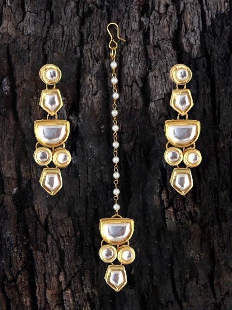 

LUCKY JEWELLERY 18k Gold-Plated White Kundan-Studded Meenakari Jewellery Set Set