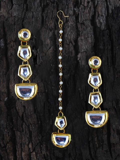

LUCKY JEWELLERY 18k Gold-Plated White Kundan-Studded Meenakari Jewellery Set