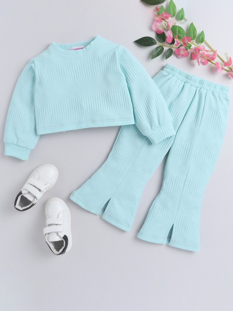 

taffykids Girls Blue Solid full sleeves top with front slit pant