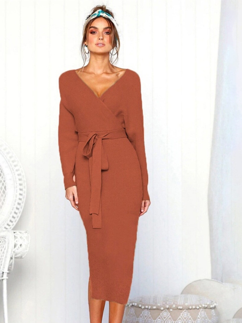 

BoStreet Women Brown Solid Polyester Sweater Dress