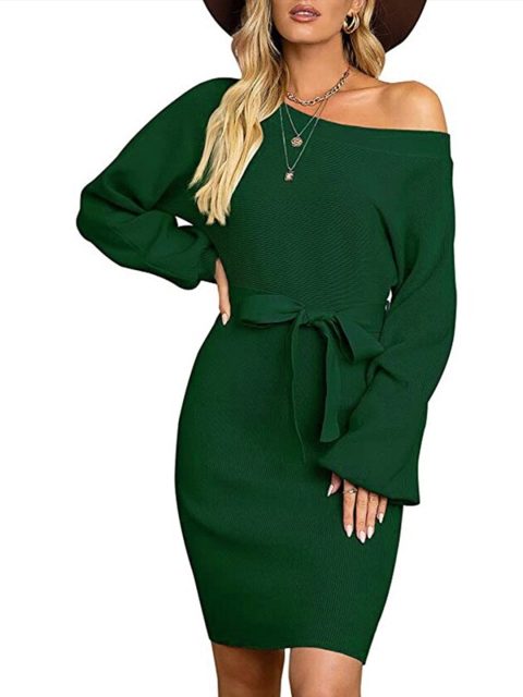 

BoStreet Women Green Solid Polyester Off-Shoulder Bodycon Dress