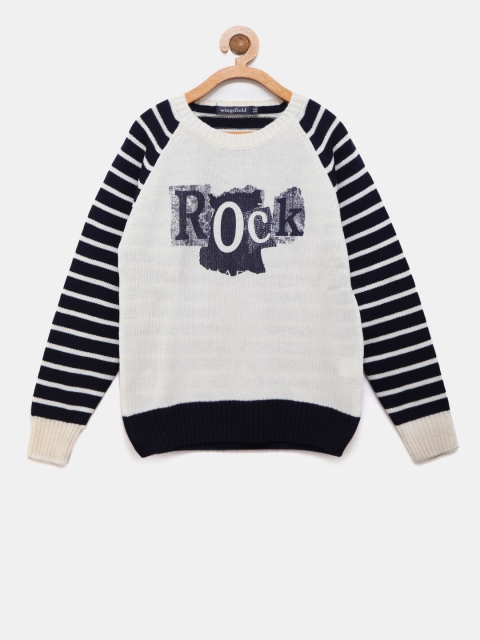 

Wingsfield Boys Off-White & Navy Blue Printed Sweater