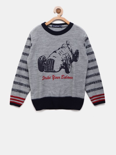 

Wingsfield Boys Grey Melange & Navy Printed Sweater
