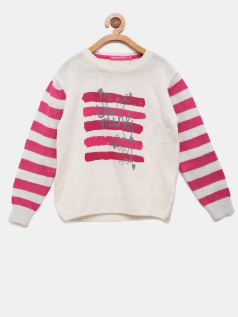 

Wingsfield Girls Off-White & Pink Printed Sweater