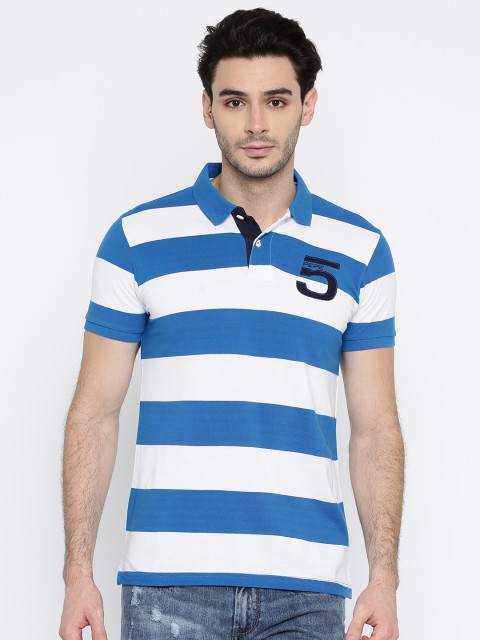 

Pepe Jeans Men Blue White Striped Polo Collar Pure Cotton T-shirt
