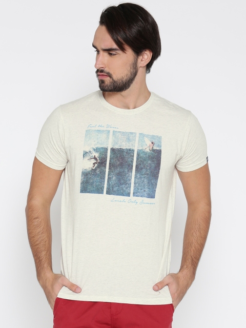 

Pepe Jeans Men Cream-Coloured Printed Round Neck Pure Cotton T-shirt