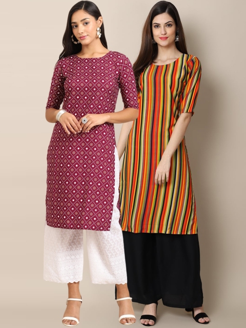 

Ethnic basket Women Pack of 2 Ethnic Motifs Printed Flared Sleeves Crepe Kurta, Magenta