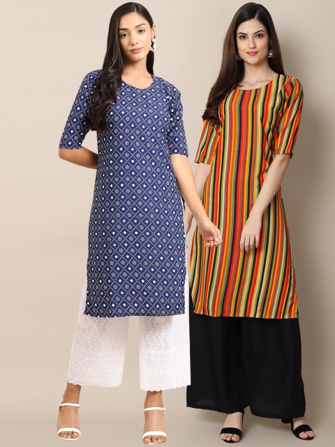 

Ethnic basket Women Pack of 2 Ethnic Motifs Printed Thread Work Crepe Kurta, Blue