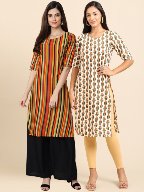 

Ethnic basket Women Pack of 2 Ethnic Motifs Printed Thread Work Crepe Kurta, Orange